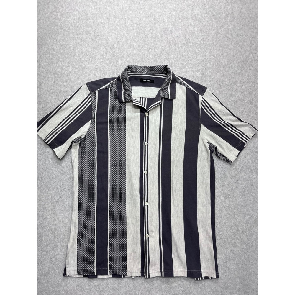 Zudio Mens Large Grey Black Striped Short Sleeve Camp Collar Button Up Shirt L